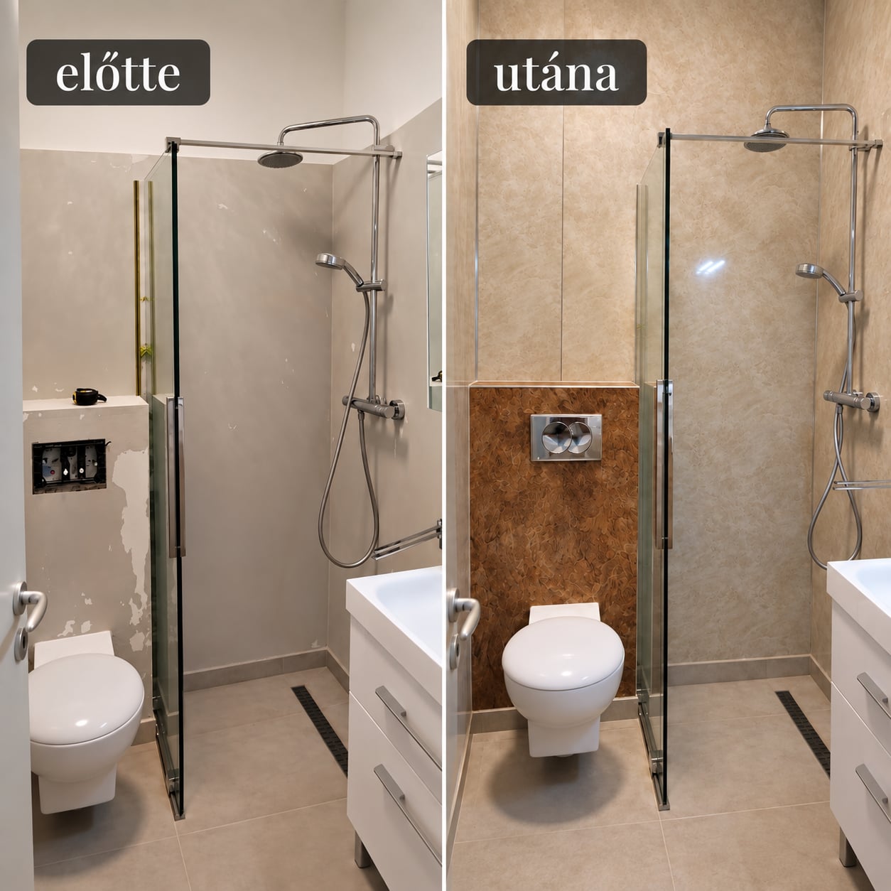 Zuhanyzó és WC-fülke panelezése előtte és utána